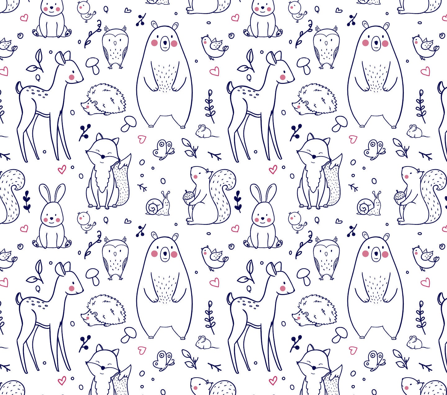 Kids Animal Forest Woodland Wallpaper/ Navy & Pink Woodland Creatures Wallpaper/ Removable/ Peel and Stick/ Unpasted Wallpaper WW20111