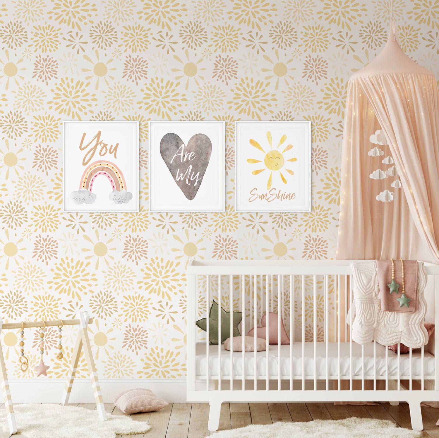 Yellow Sun Boho Wallpaper/ Sunshine Bursts/ Removable Wallpaper/ Peel and Stick Wallpaper/ Unpasted Wallpaper/ Pre-Pasted Wallpaper WW2264