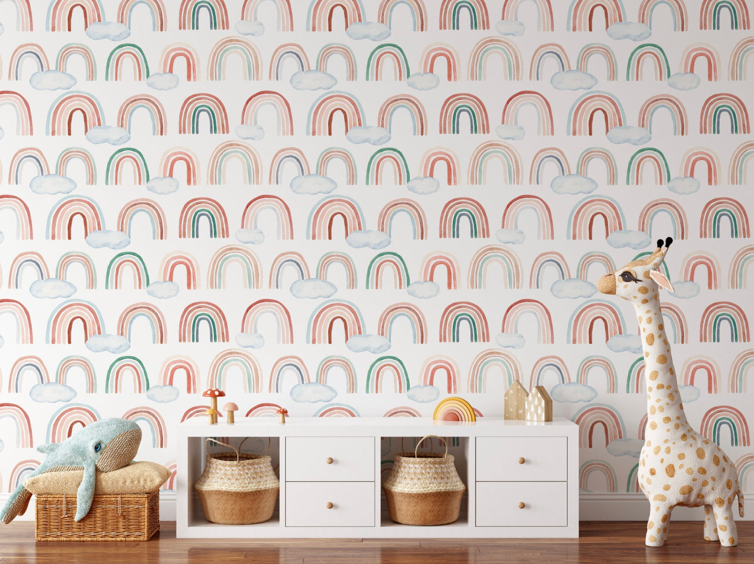 Peel and Stick Wallpaper Rainbow/ Boho Rainbow Pattern with Clouds Wallpaper/ Removable Wallpaper/ Unpasted/ Pre-Pasted WW2020