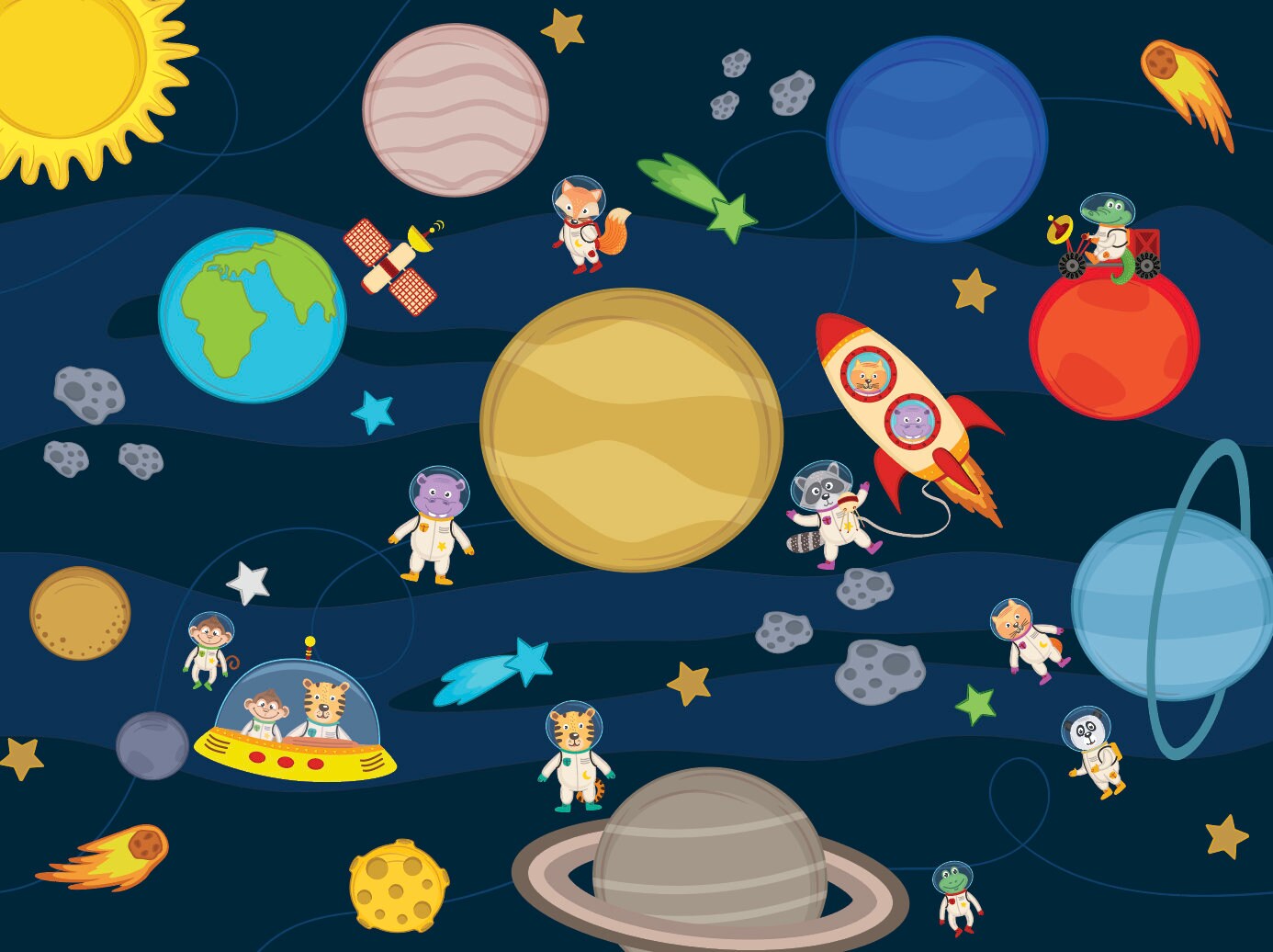 Peel and Stick Wallpaper Nursery/ Animals in Space Mural Removable Wallpaper/ Self-Adhesive Reusable Wall Mural WW1826