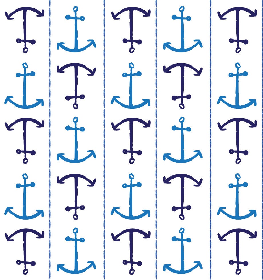 Nautical Anchor Stripes Blue Watercolor Wallpaper/ Removable/ Unpasted/ Pre-Pasted Wallpaper WW1955