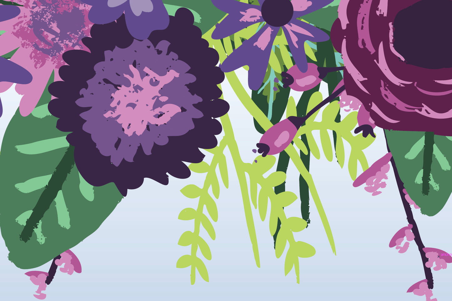 Purple Floral Wall Mural Peel and Stick / Whimsical Violet Floral Mural Wallpaper/ Removable/ Unpasted/ Pre-Pasted Wallpaper WW1743