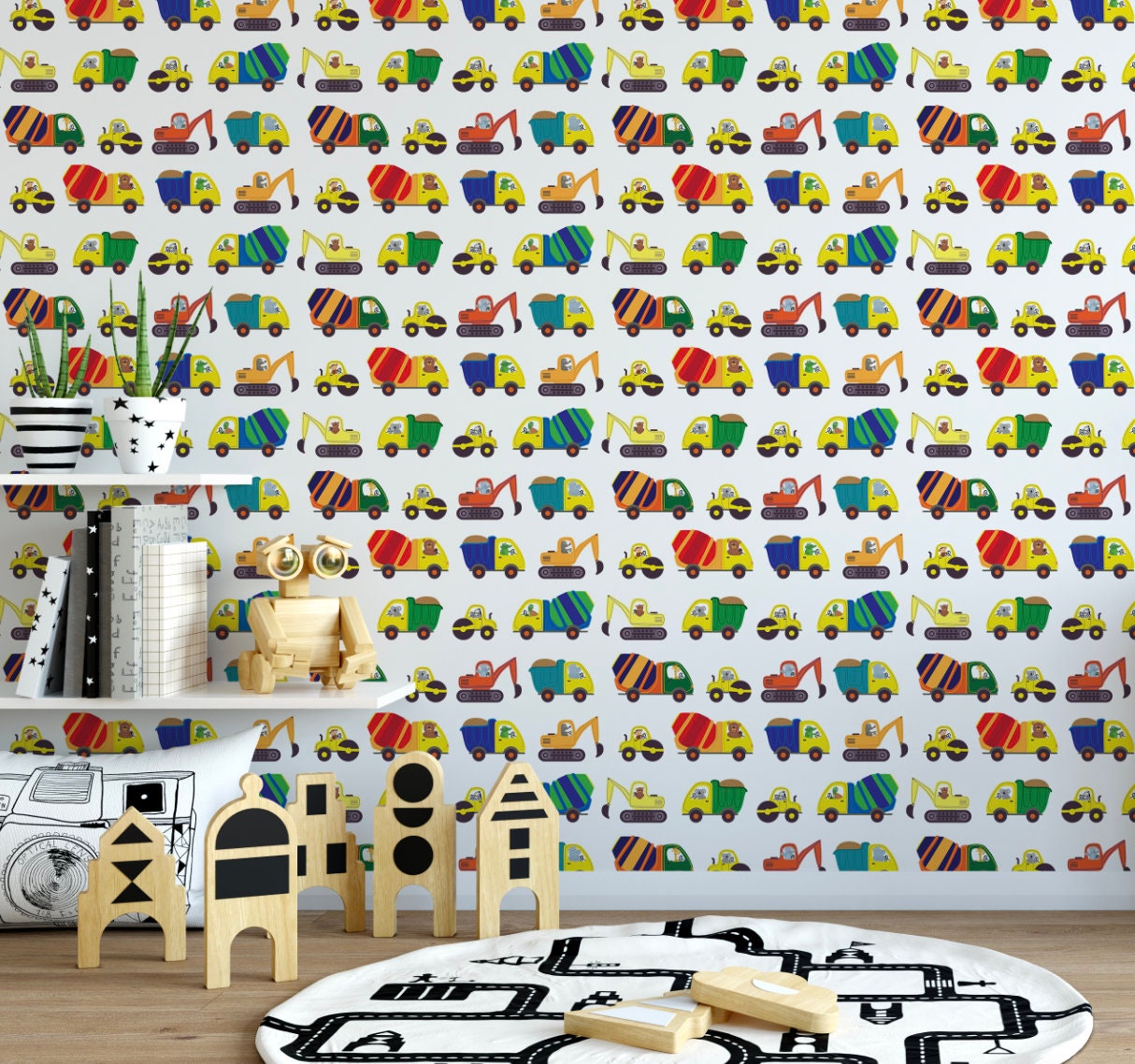Wallpaper Kids Children Peel and Stick/ Construction Animals Wallpaper/ Removable Wallpaper/ Unpasted Wallpaper/ Pre-Pasted Wallpaper WW1831
