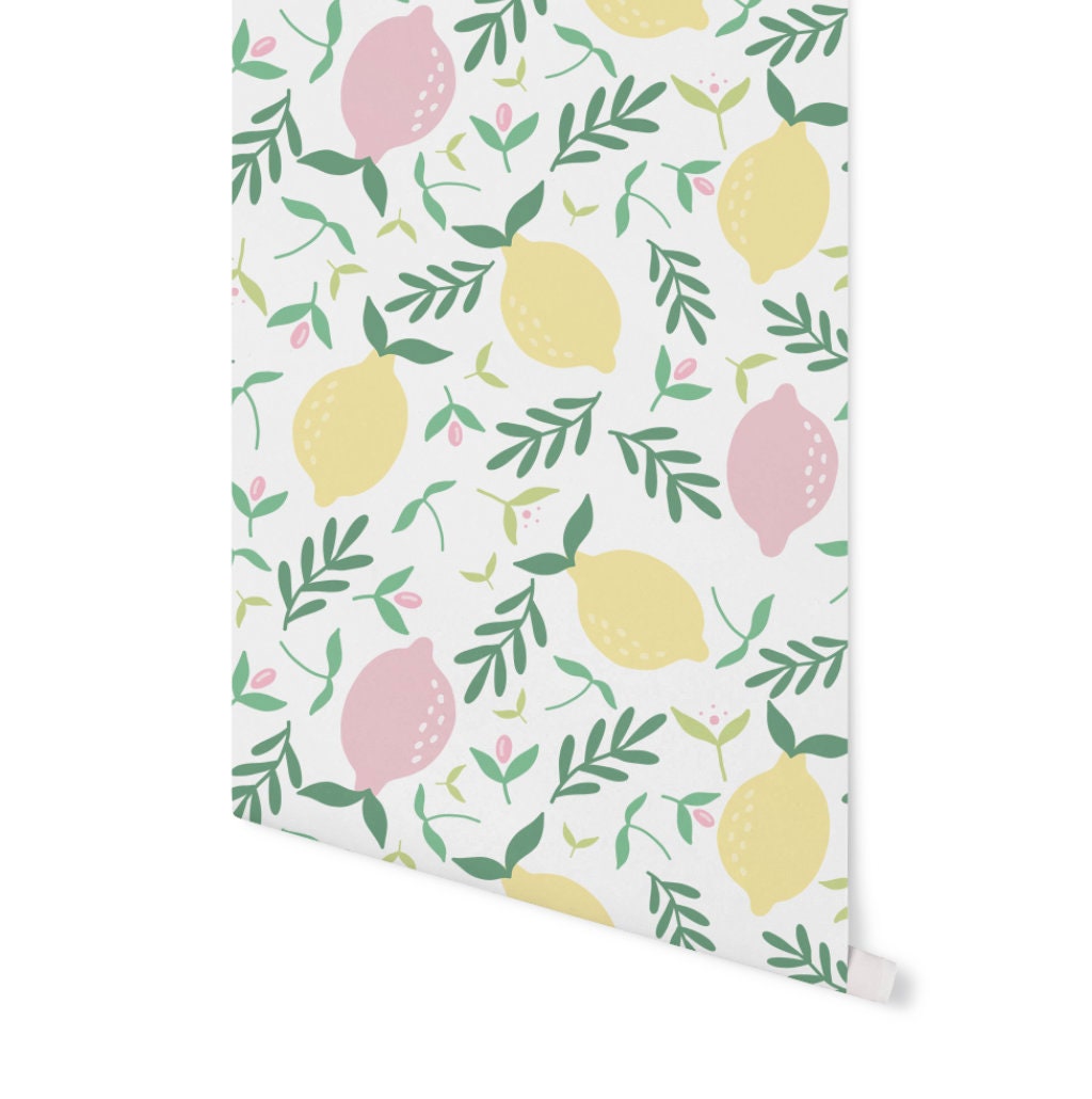 Pink and Yellow Lemons Wallpaper/ Removable Wallpaper/ Peel and Stick Wallpaper/ Unpasted Wallpaper/ Pre-Pasted Wallpaper WW2065