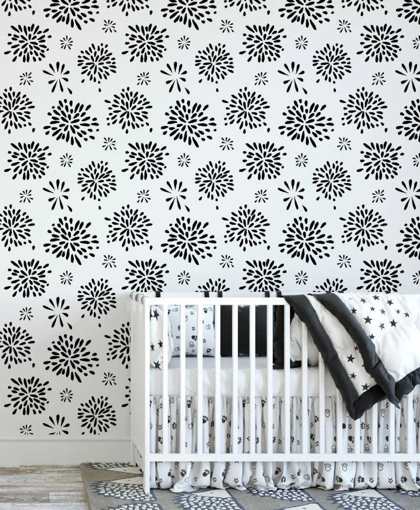 Peel and Stick Wallpaper Black/ Black and White Flower Burst Wallpaper/ Removable Wallpape/ Unpasted Wallpaper/ Pre-Pasted Wallpaper WW1867