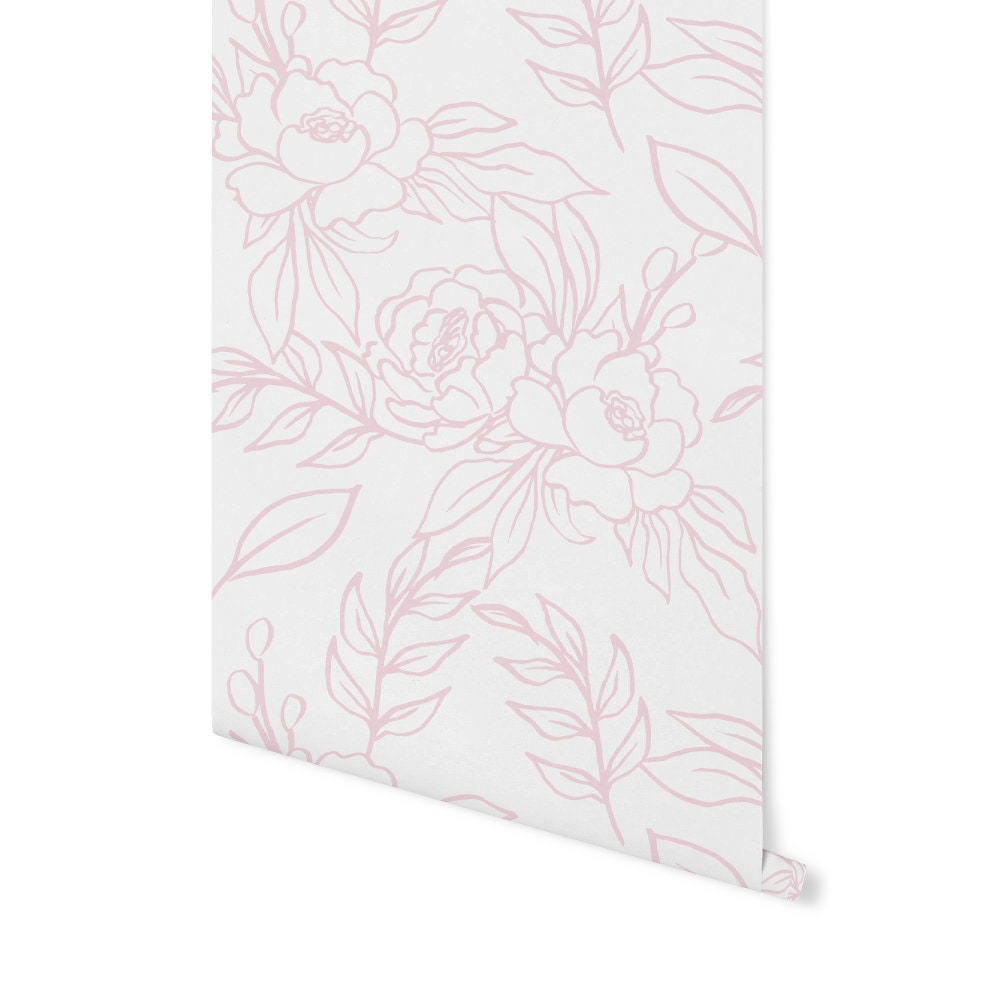 Peel and Stick Wallpaper Pink Floral/ Pink Hand Drawn Peony Wallpaper/ Removable Wallpaper/ Unpasted Wallpaper/ Pre-Pasted Wallpaper WW2222