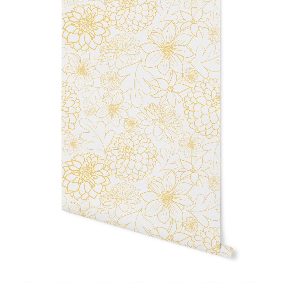Peel and Stick Wallpaper Yellow/ Mid Century Modern Yellow Dahlia Wallpaper/ Removable Wallpaper/ Unpasted Wallpaper/ Wallpaper WW1923