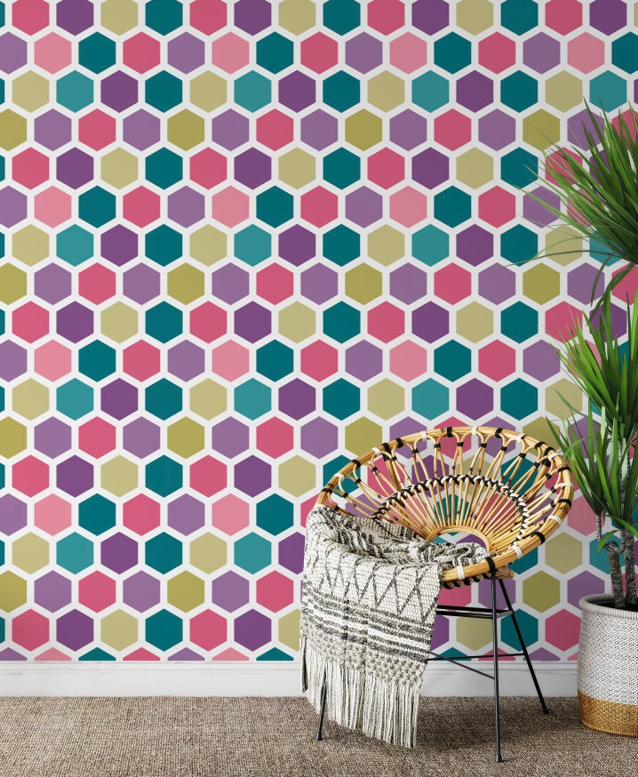 Wallpaper Hexagon Peel and Stick / Pink Dancing Hexagon Wallpaper/ Removable Wallpaper/ Unpasted Wallpaper WW2256