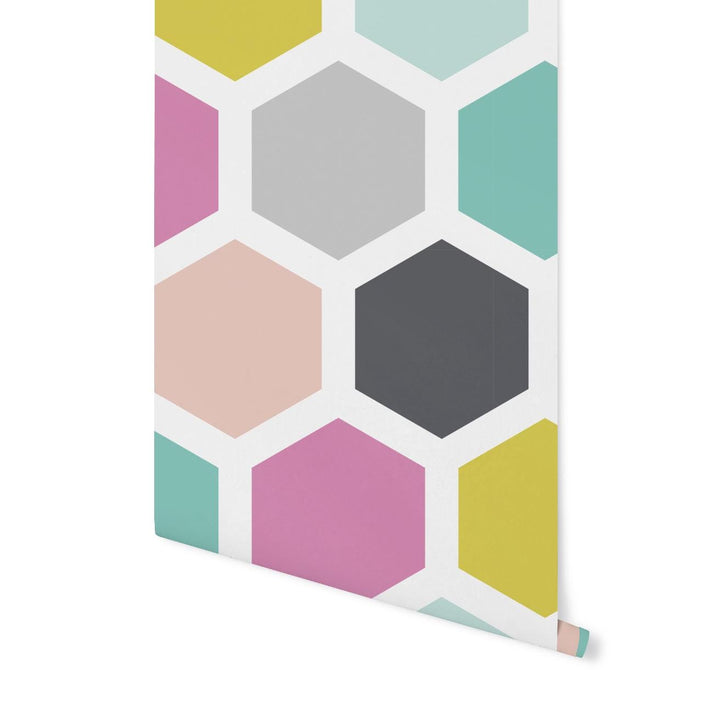 Peel and Stick Wallpaper Hexagon/ Pink, Teal and Gray Hexagon Wallpaper/ Removable Wallpaper/ Unpasted Wallpaper/ Wallpaper WW1827