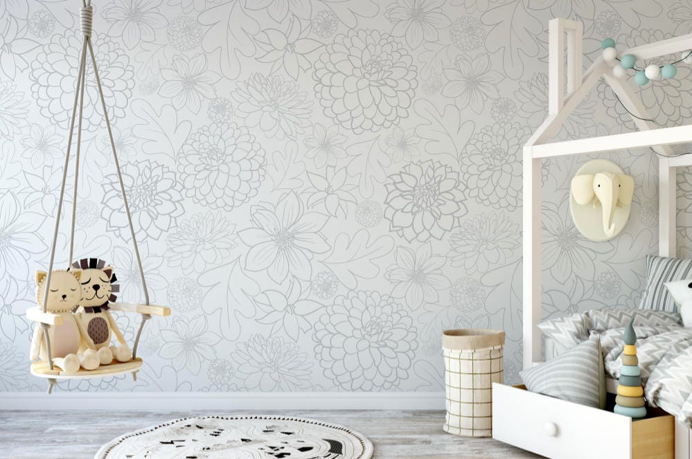 Peel and Stick Wallpaper Floral/ Small Grey Dahlia Wallpaper/ Removable Wallpaper/ Unpasted Wallpaper/ Pre-Pasted Wallpaper