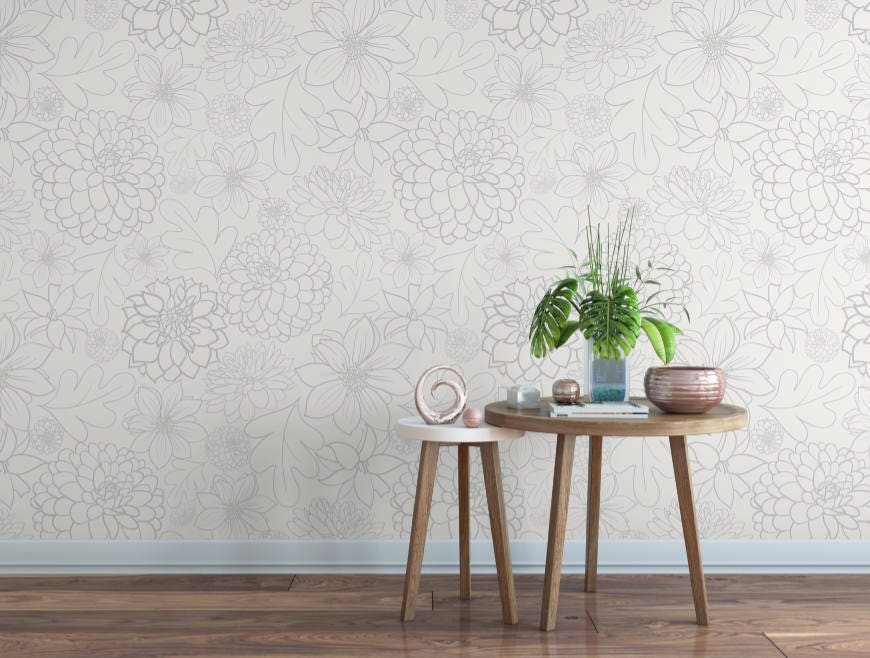 Peel and Stick Wallpaper Floral/ Small Grey Dahlia Wallpaper/ Removable Wallpaper/ Unpasted Wallpaper/ Pre-Pasted Wallpaper