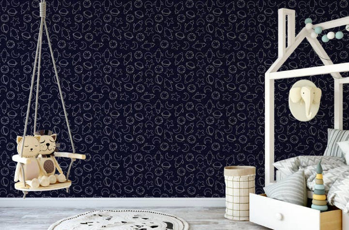 Peel and Stick Wallpaper Blue/ Rocket Ship Space Wallpaper/ Removable Wallpaper/ Unpasted Wallpaper/ Pre-Pasted Wallpaper