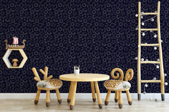 Peel and Stick Wallpaper Blue/ Rocket Ship Space Wallpaper/ Removable Wallpaper/ Unpasted Wallpaper/ Pre-Pasted Wallpaper