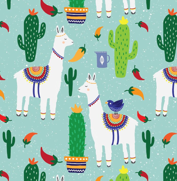Blue Llama & Chili Peppers Wallpaper // Removable Wallpaper // Peel and Stick Wallpaper // Unpasted Wallpaper // Pre-Pasted Wallpaper