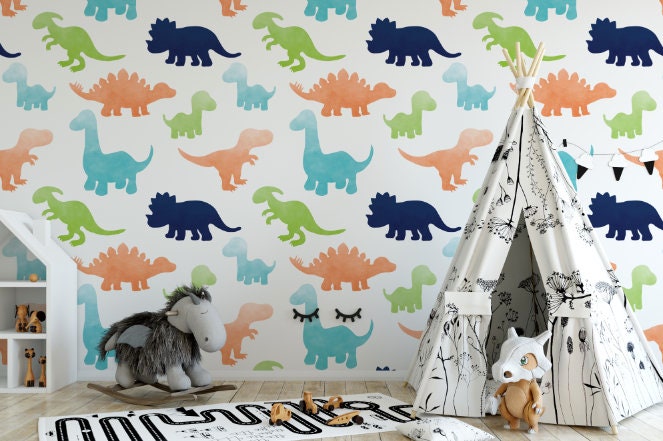 Peel and Stick Wallpaper Nursery/ Green, Orange & Blue Dino Wallpaper/ Removable Wallpaper/  Unpasted Wallpaper/ Pre-Pasted Wallpaper WW1929