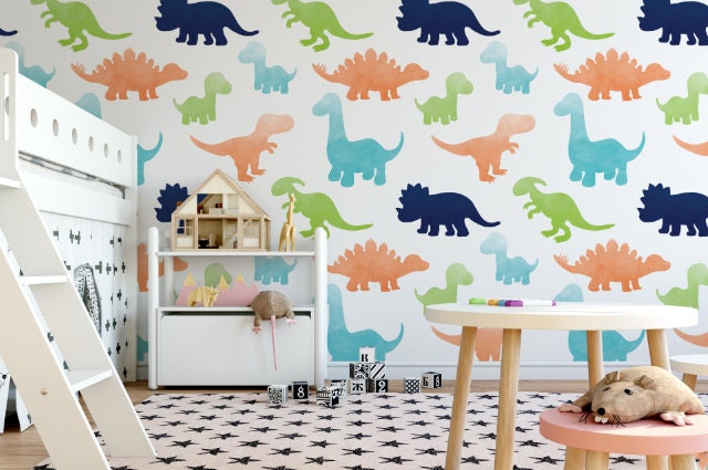 Peel and Stick Wallpaper Nursery/ Green, Orange & Blue Dino Wallpaper/ Removable Wallpaper/  Unpasted Wallpaper/ Pre-Pasted Wallpaper WW1929