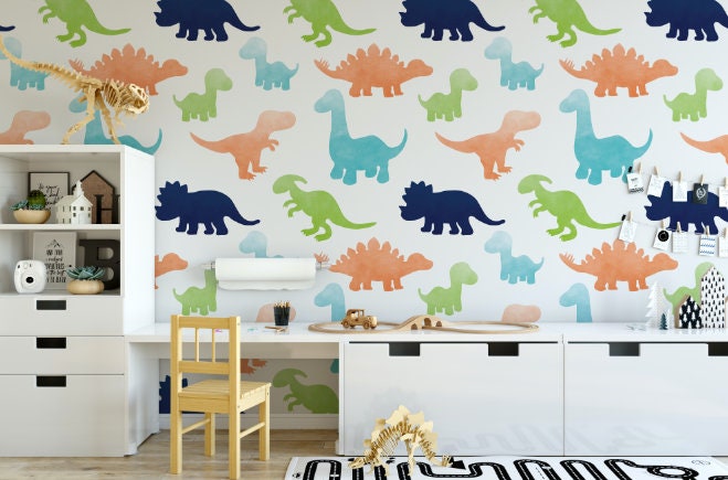 Peel and Stick Wallpaper Nursery/ Green, Orange & Blue Dino Wallpaper/ Removable Wallpaper/  Unpasted Wallpaper/ Pre-Pasted Wallpaper WW1929