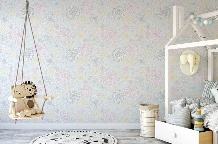 Peel and Stick Wallpaper Floral/ Grey, Pink and Mint Dahlia Wallpaper/ Removable Wallpaper/ Unpasted Wallpaper/ Pre-Pasted Wallpaper WW1909