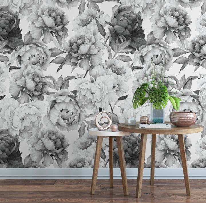 Peel and Stick Wallpaper Floral/ Black and White Peony Wallpaper/ Removable Wallpaper/ Unpasted Wallpaper/ Pre-Pasted Wallpaper WW2117