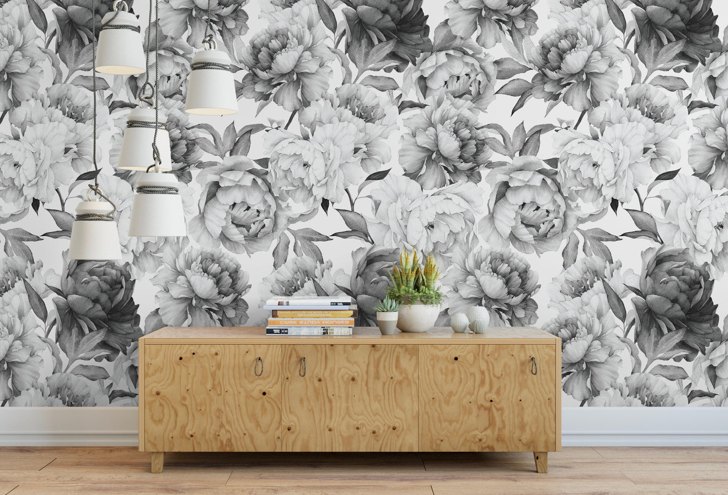 Peel and Stick Wallpaper Floral/ Black and White Peony Wallpaper/ Removable Wallpaper/ Unpasted Wallpaper/ Pre-Pasted Wallpaper WW2117
