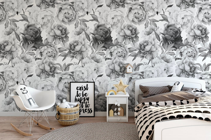 Peel and Stick Wallpaper Floral/ Black and White Peony Wallpaper/ Removable Wallpaper/ Unpasted Wallpaper/ Pre-Pasted Wallpaper WW2117