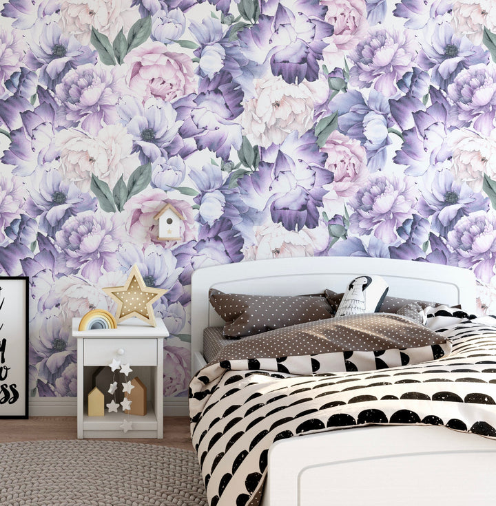 Peel and Stick Wallpaper Floral/ Blushing Purple Peony Wallpaper/ Removable Wallpaper/ Unpasted Wallpaper/ Pre-Pasted Wallpaper WW2002