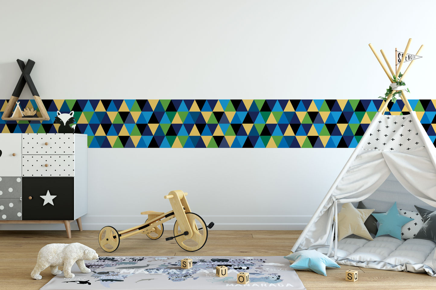 Black, Navy, Yellow and Green Triangles Wallpaper Border WW2612