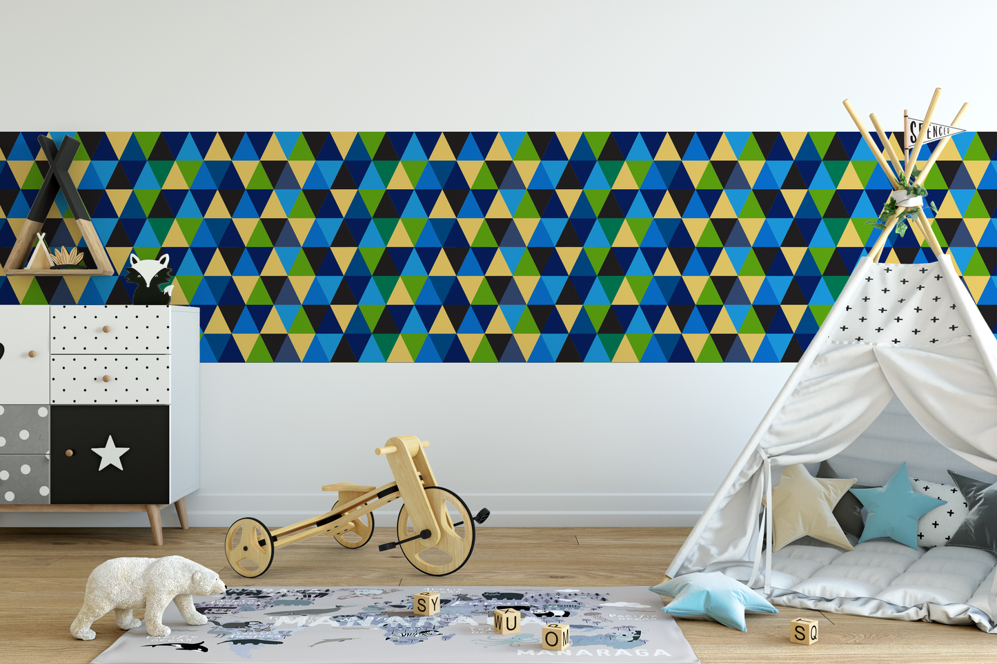 Black, Navy, Yellow and Green Triangles Wallpaper Border WW2612