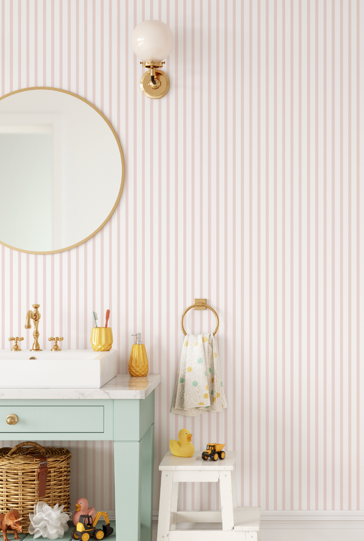 Soft Coral Pink Summer Stripes, thin seersucker inspired beige striped wallpaper WW2527