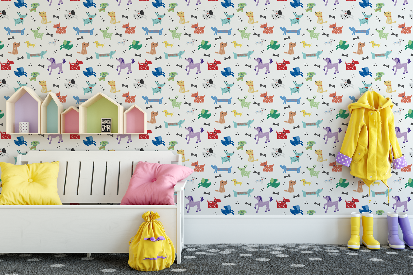 Bright and Playful Pups Wallpaper featuring a violet poodle WW2607