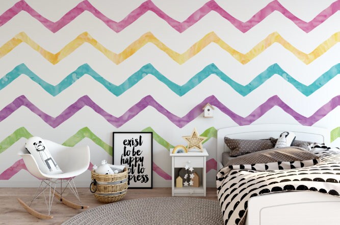 Peel and Stick Wallpaper Kids/ Candy Colored Watercolor XL Chevrons Wallpaper Mural/ Removable/ Unpasted/ Pre-Pasted Wallpaper WW1738