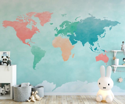 Kids Wallpaper/ Coral & Mint Watercolor World Map Wallpaper/ Removable/ Peel and Stick/ Unpasted/ Pre-Pasted Wallpaper WW1714