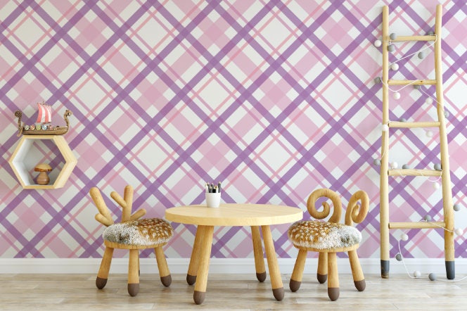 Wallpaper Pink Plaid/ Pink and Purple Plaid Wallpaper/ Removable Wallpaper/ Peel and Stick Wallpaper/ Unpasted/ Pre-Pasted Wallpaper