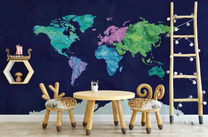 Wallpaper Blue World Map/ Peacock Colors Watercolor Map Wallpaper/ Removable/ Peel and Stick/ Unpasted/ Pre-Pasted Wallpaper WW1864