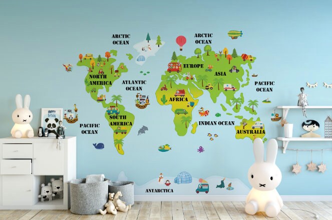 Kids Peel and Stick Wallpaper/ Animal World Map Wallpaper/ Removable/ Unpasted/ Pre-Pasted Wallpaper WW1865