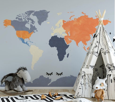 Kids Peel and Stick Wallpaper World Map/ Orange, Gray, Blue Watercolor Map Wallpaper/ Removable/ Peel and Stick/ Unpasted wallpaper WW1959