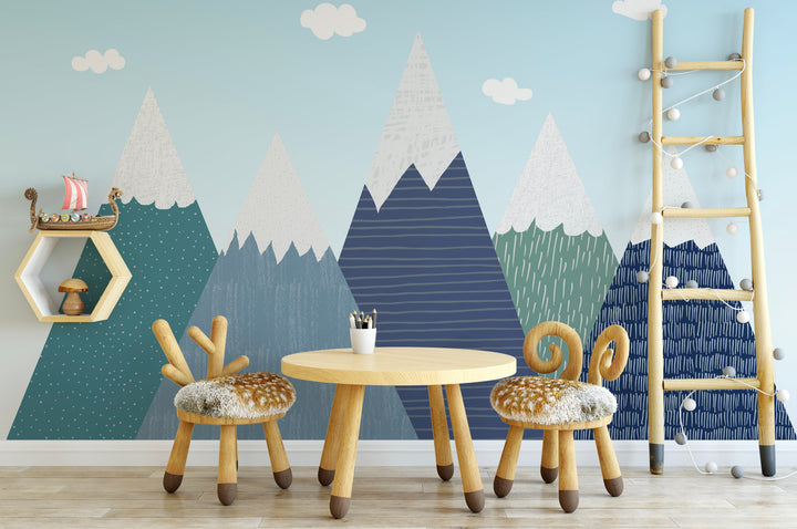 Kids Wallpaper Blue/ Blue & Green Textured Mountains Wallpaper/ Removable/ Peel and Stick/ Unpasted/ Pre-Pasted Wallpaper WW1958