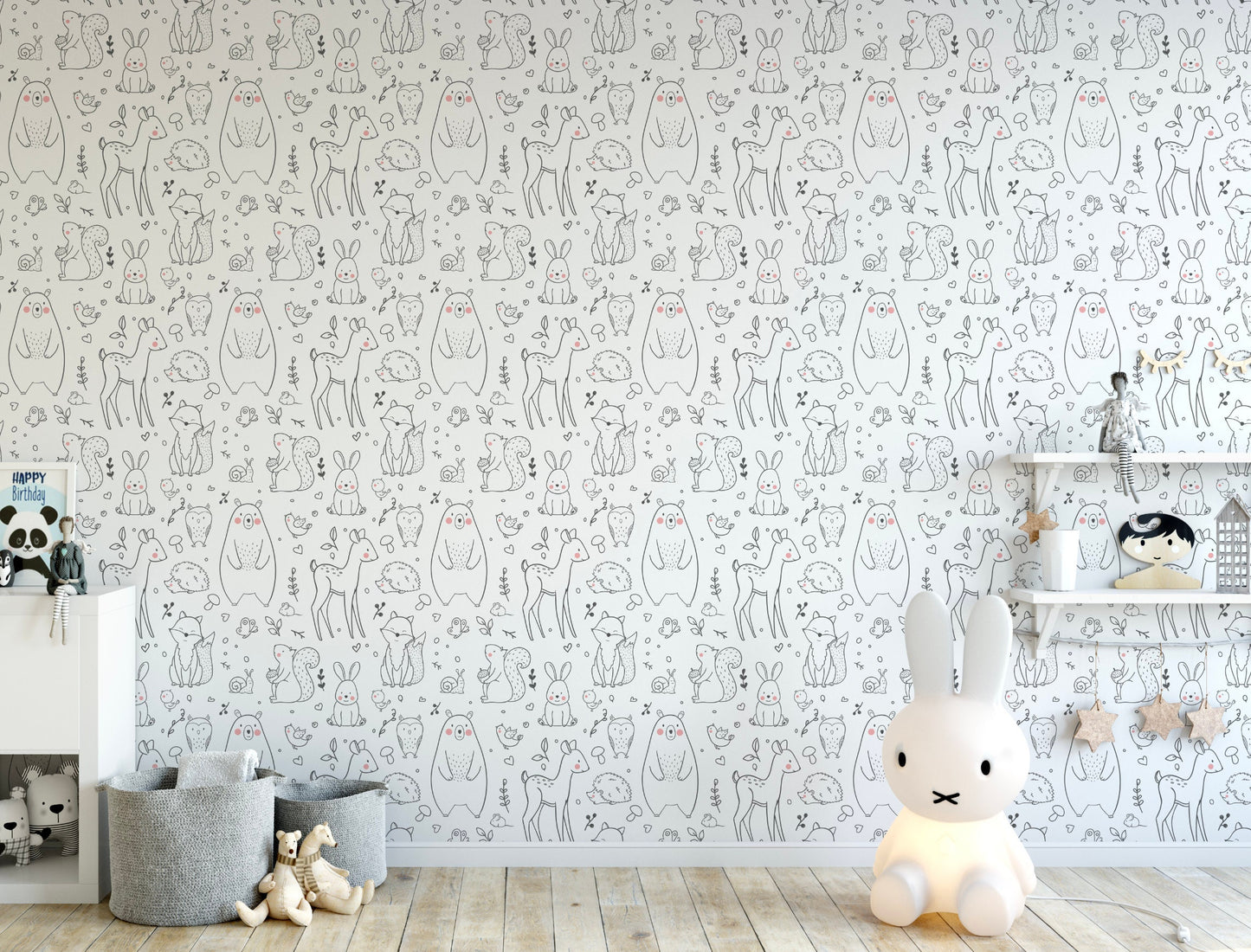 Peel and Stick Wallpaper Kids/ Black & White Woodland Creatures Wallpaper/ Removable Wallpaper/ Unpasted Wallpaper/ Wallpaper WW1934