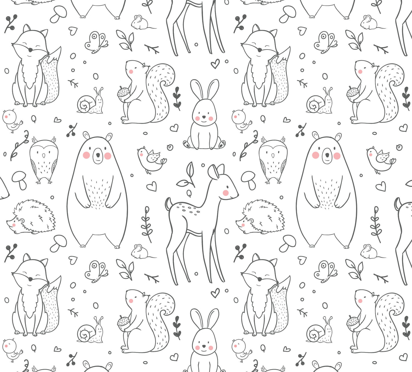 Peel and Stick Wallpaper Kids/ Black & White Woodland Creatures Wallpaper/ Removable Wallpaper/ Unpasted Wallpaper/ Wallpaper WW1934