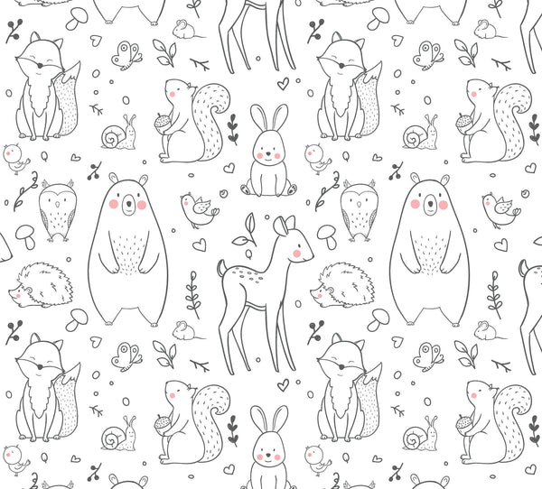 Peel and Stick Wallpaper Kids/ Black & White Woodland Creatures Wallpaper/ Removable Wallpaper/ Unpasted Wallpaper/ Wallpaper WW1934