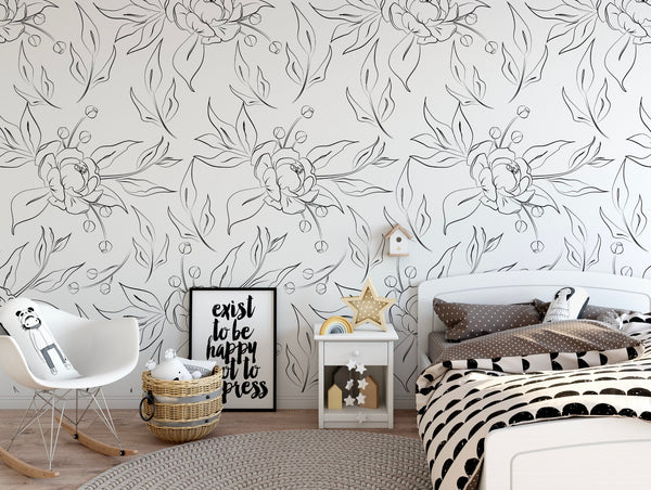 Peel and Stick Wallpaper Floral/ Black Peony Sketch Wallpaper/ Removable Wallpaper/Unpasted Wallpaper/ Pre-Pasted Wallpaper WW2081