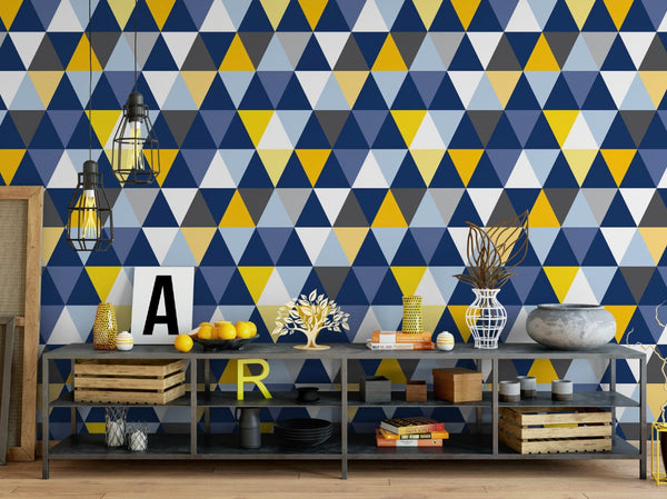 Peel and Stick Wallpaper Blue & Yellow Modern Triangles Wallpaper/ Removable Wallpaper/ Unpasted Wallpaper/ Pre-Pasted Wallpaper WW2094