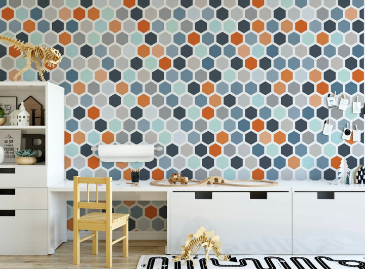 Peel and Stick Wallpaper Blue & Orange Hexagon Wall Mural/ Removable Wallpaper/ Unpasted Wallpaper/ Pre-Pasted Wallpaper WW2131