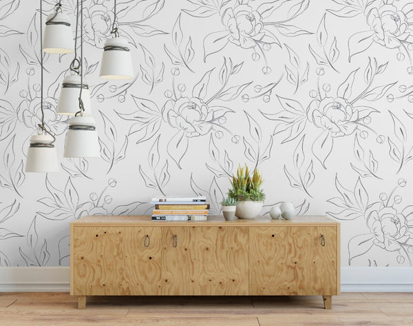 Peel and Stick Wallpaper Floral/ Gray Peony Sketch Wallpaper/ Removable Wallpaper/ Unpasted Wallpaper/ Pre-Pasted Wallpaper WW2148