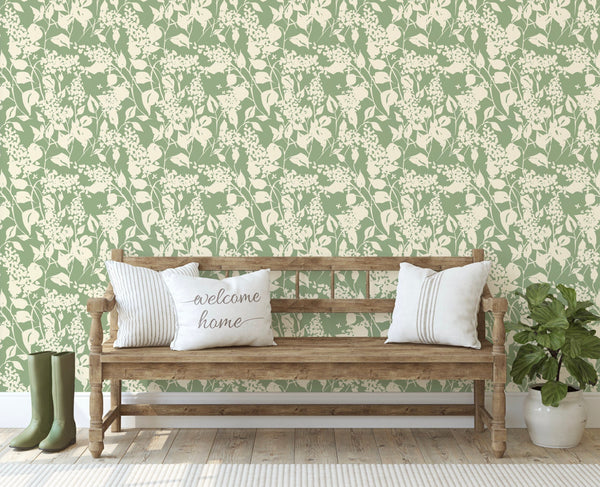 Green Abstract Floral Wallpaper // Removable Wallpaper // Peel and Stick Wallpaper // Unpasted Wallpaper // Pre-Pasted Wallpaper WW2134