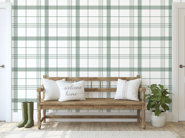 Wallpaper Plaid Green/ Sage Green Asymmetric Plaid Wallpaper / Removable / Peel and Stick / Unpasted / Pre-Pasted Wallpaper WW2103