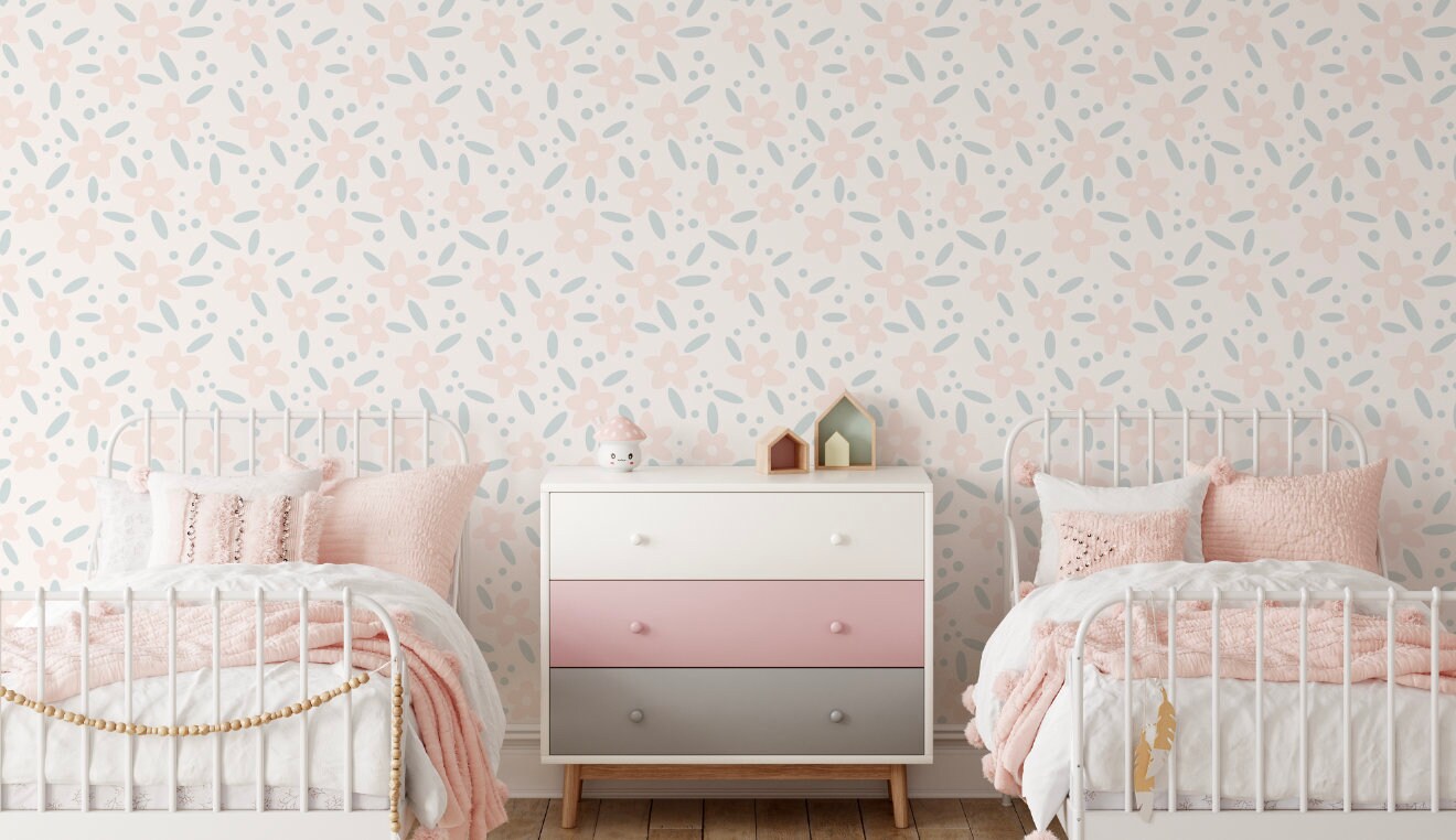 Peel and Stick Wallpaper Floral/ Pink and Sage Daisy Wallpaper/ Removable Wallpaper/ Unpasted Wallpaper/ Pre-Pasted Wallpaper WW2255