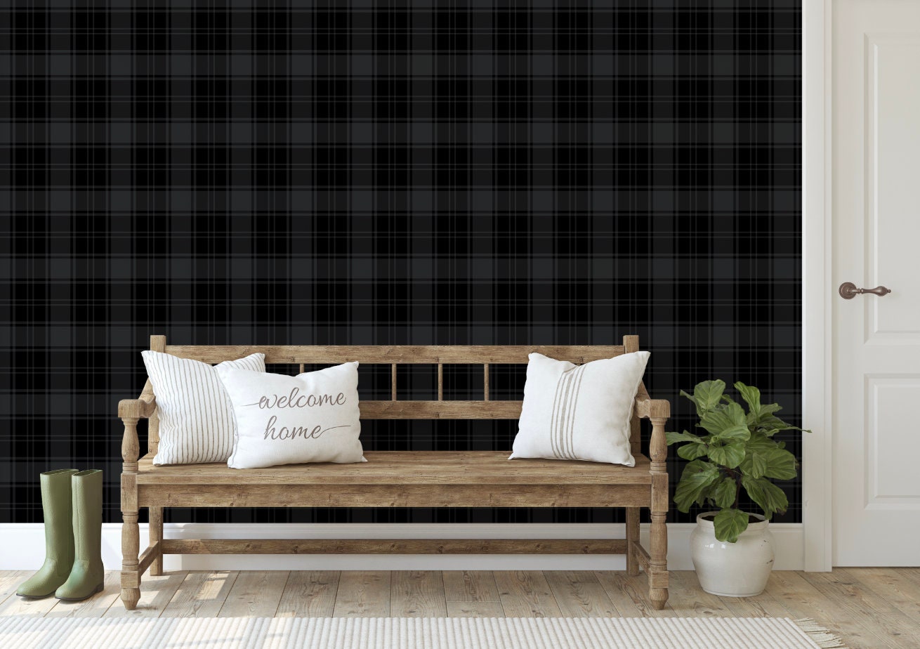 Wallpaper Black Plaid/ Charcoal and Black Plaid Wallpaper/ Removable/ Peel and Stick/ Unpasted/ Pre-Pasted Wallpaper WW2238