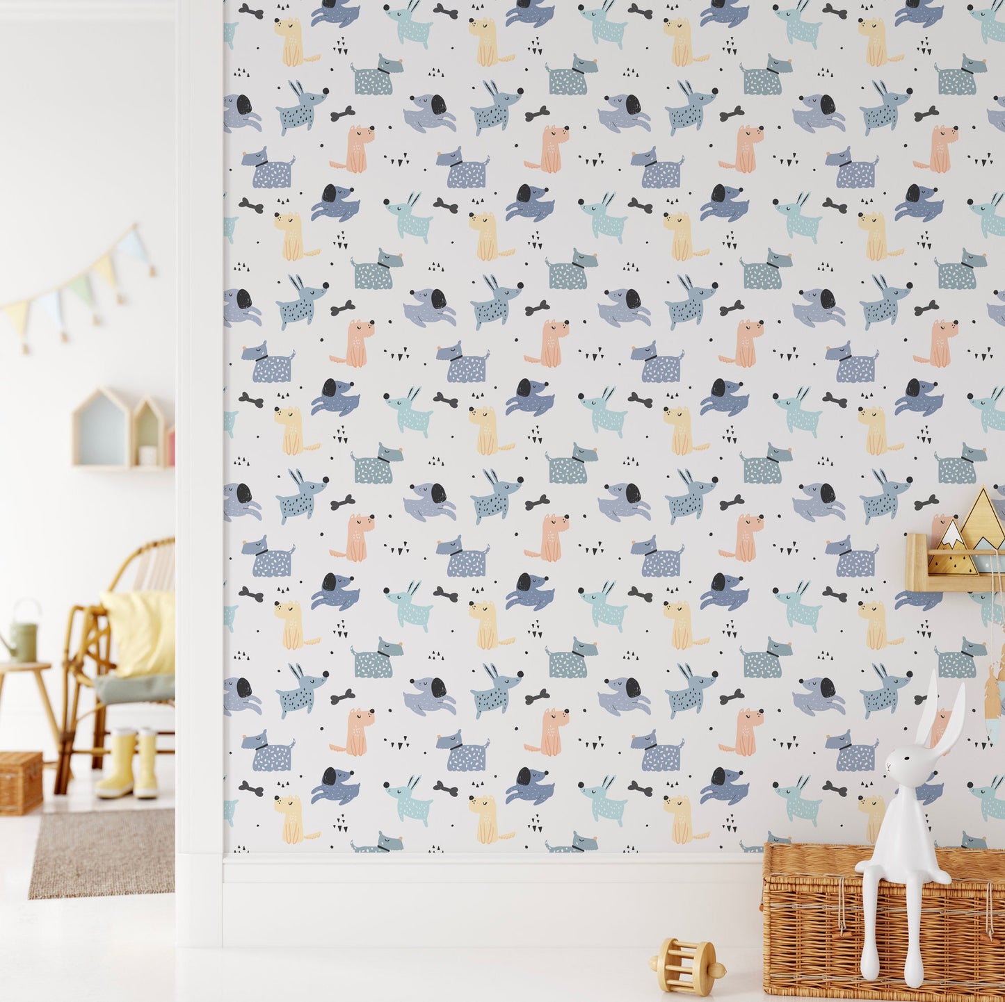 Peel and Stick Wallpaper Blue/ Blue & Peach Pups Wallpaper/ Removable Wallpaper/ Unpasted Wallpaper/ Pre-Pasted Wallpaper WW2239