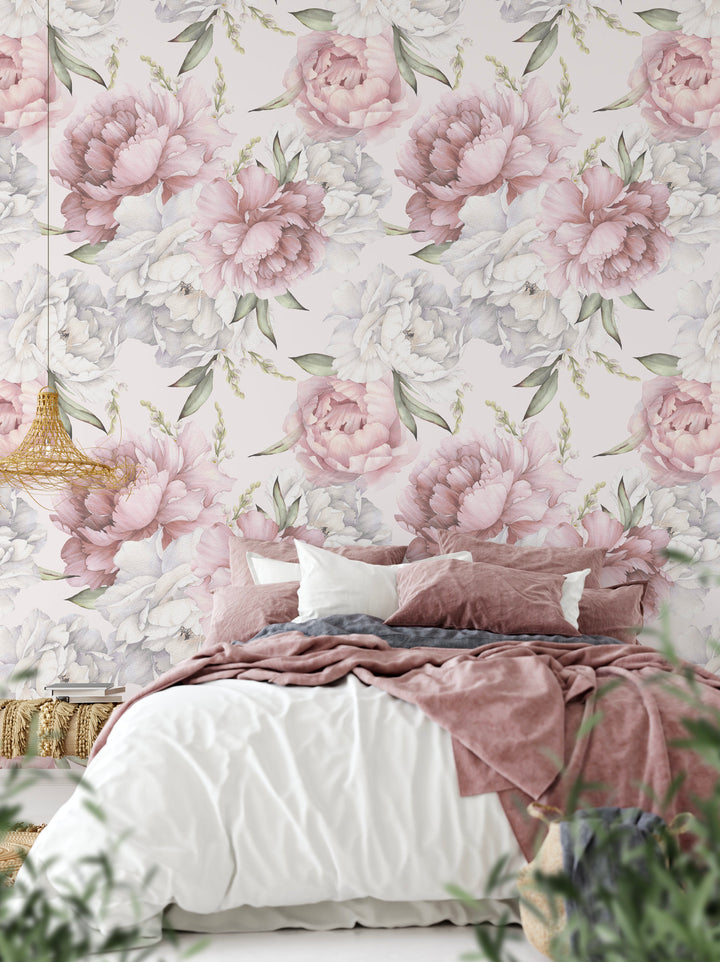 Peel and Stick Wallpaper Pink Floral/ Blushing Pink Peony Wallpaper/ Removable Wallpaper/ Unpasted Wallpaper/ Pre-Pasted Wallpaper WW2217